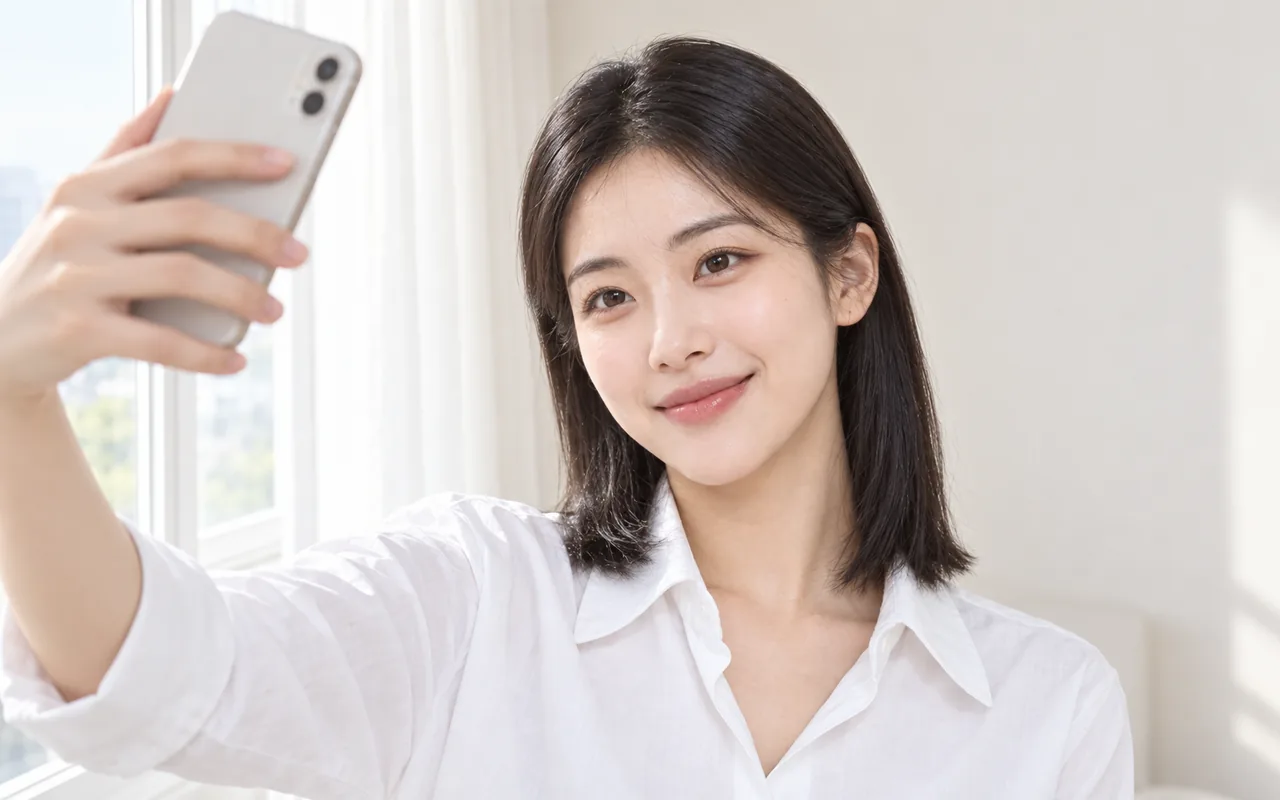 A woman with her hair tucked behind her shoulders and her hairline visible takes a selfie beside a bright window.