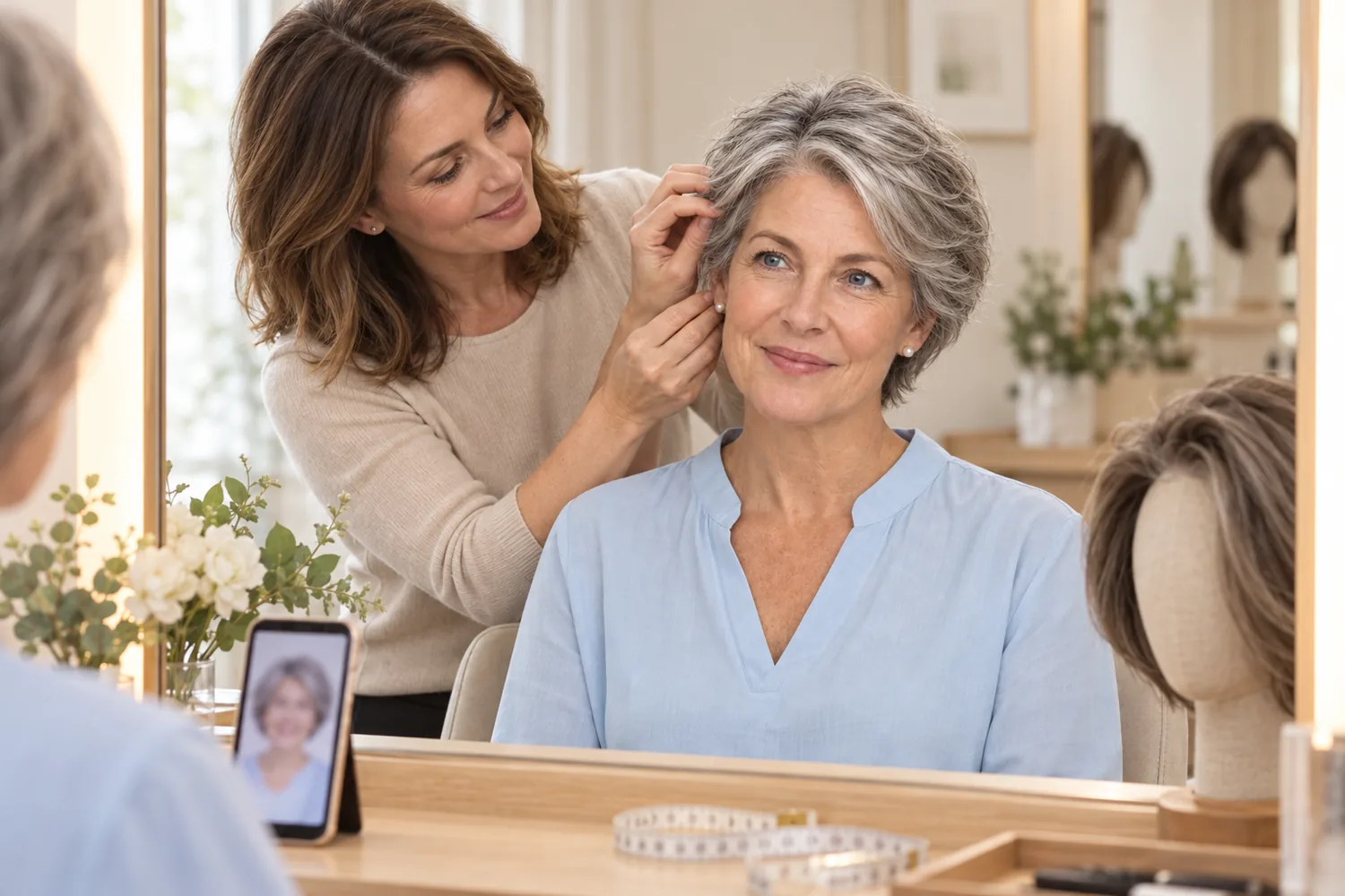 A wig specialist adjusts a short silver wig on a client in a calm, private fitting room, with a saved preview on a phone nearby.